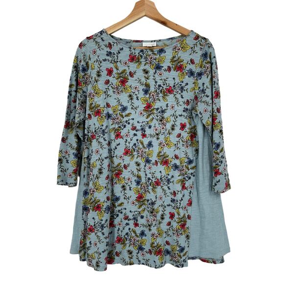 J. Jill Floral Top Blue Cotton Panel Asymmetrical Boat Neck Size S‎ - Picture 1 of 10